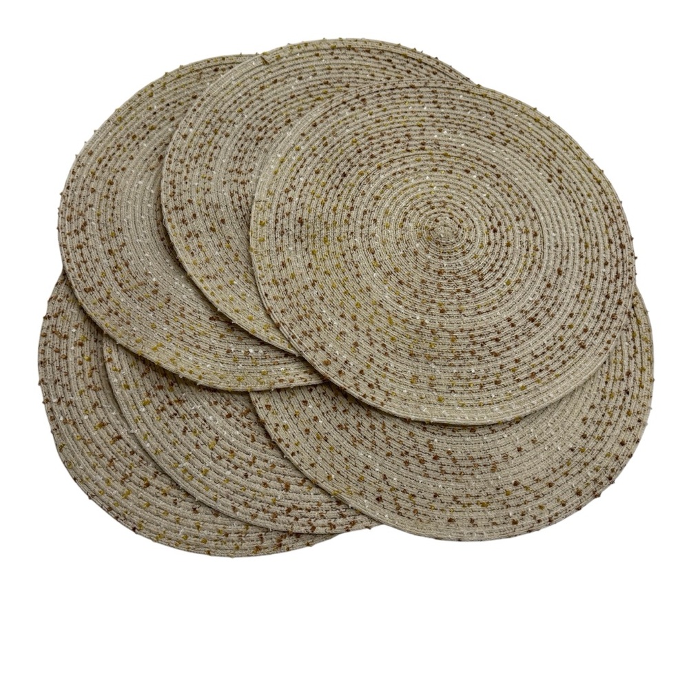 NWOT Set of 6 Beige, Gold, Rust & White Woven Round Placemats 15"